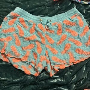 Blue and coral embroidered pineapple shorts
